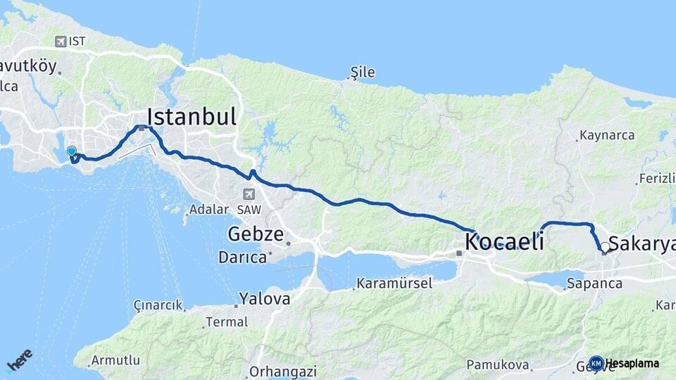 İstanbul Küçükçekmece Sakarya Arası Kaç Km - Yol Haritası