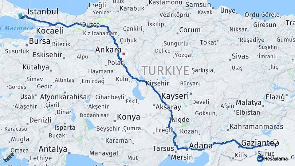İstanbul Küçükçekmece Şanlıurfa Arası Kaç Km - Yol Haritası