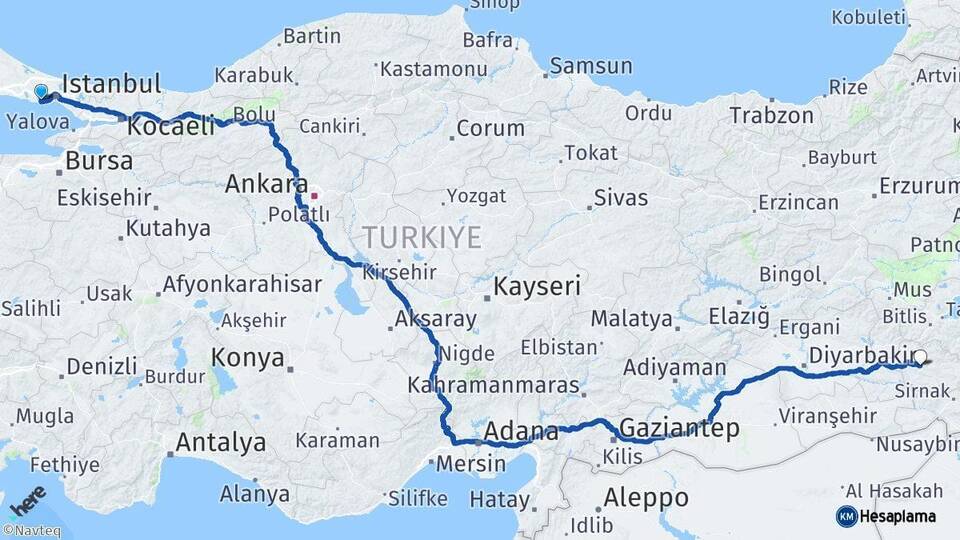 İstanbul Küçükçekmece Siirt Arası Kaç Km - Yol Haritası