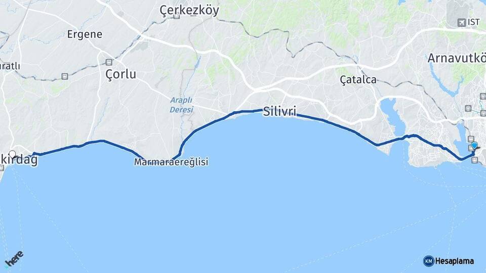 İstanbul Küçükçekmece Tekirdağ Arası Kaç Km - Yol Haritası
