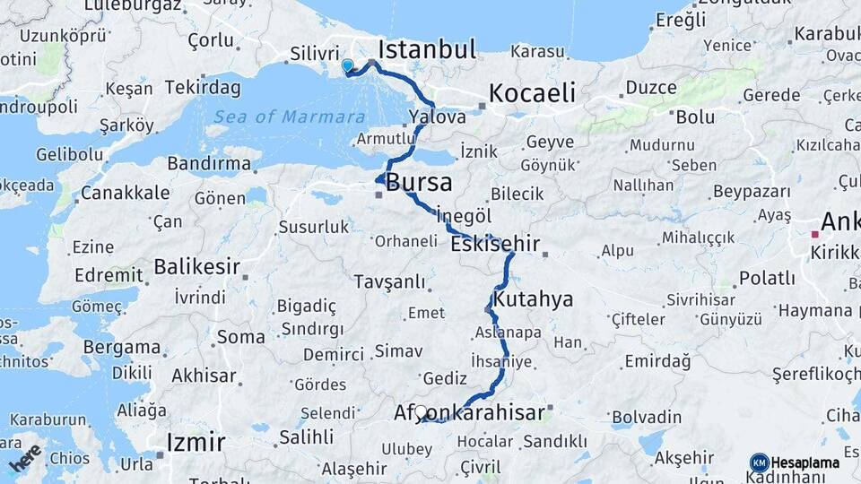 İstanbul Küçükçekmece Uşak Arası Kaç Km - Yol Haritası