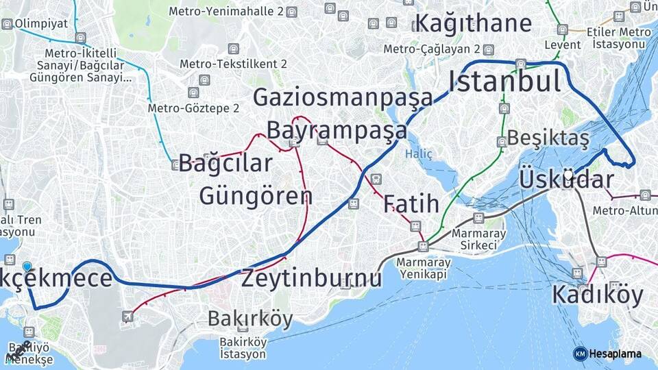 İstanbul Küçükçekmece Üsküdar Arası Kaç Km - Yol Haritası