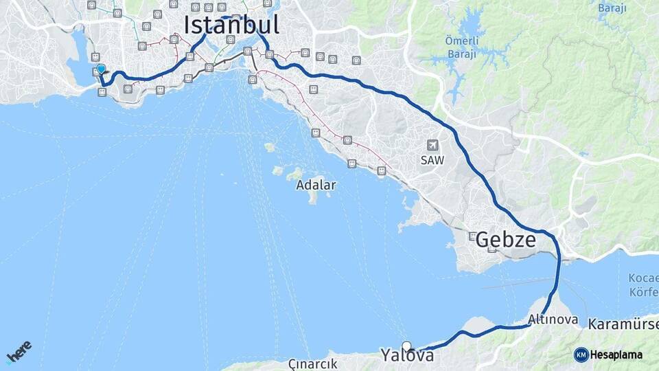 İstanbul Küçükçekmece Yalova Arası Kaç Km - Yol Haritası