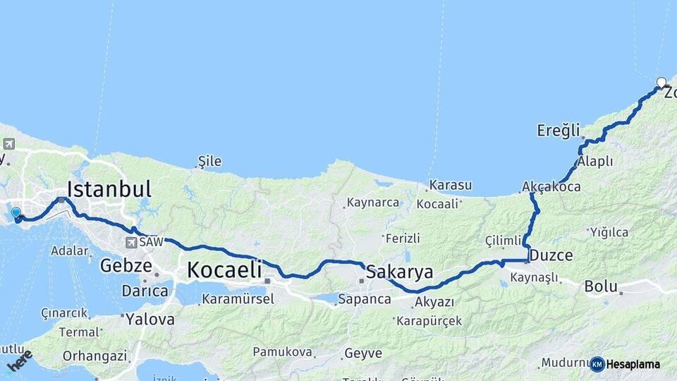 İstanbul Küçükçekmece Zonguldak Arası Kaç Km - Yol Haritası