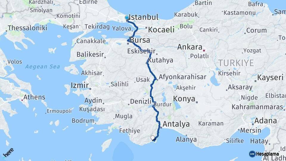 İstanbul Kumluca Antalya Arası Kaç Km - Yol Haritası