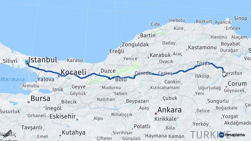 İstanbul Laçin Çorum Arası Kaç Km - Yol Haritası