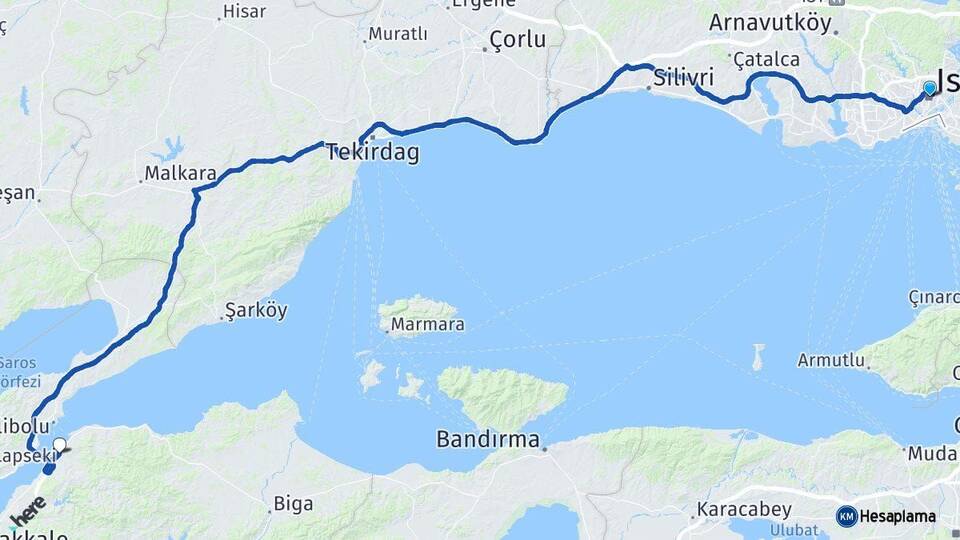 İstanbul Lapseki Çanakkale Arası Kaç Km - Yol Haritası