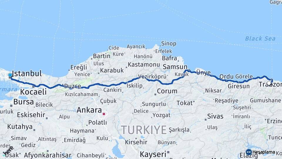 İstanbul Maçka Trabzon Arası Kaç Km - Yol Haritası
