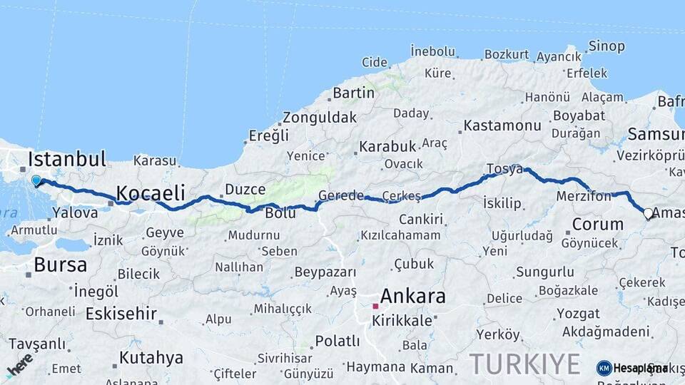 İstanbul Maltepe Amasya Arası Kaç Km - Yol Haritası