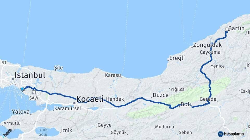 İstanbul Maltepe Bartın Arası Kaç Km - Yol Haritası
