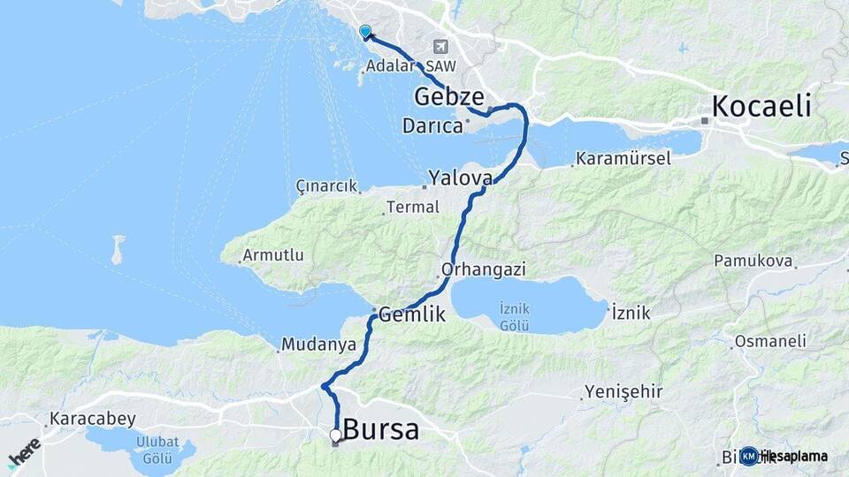 İstanbul Maltepe Bursa Arası Kaç Km - Yol Haritası