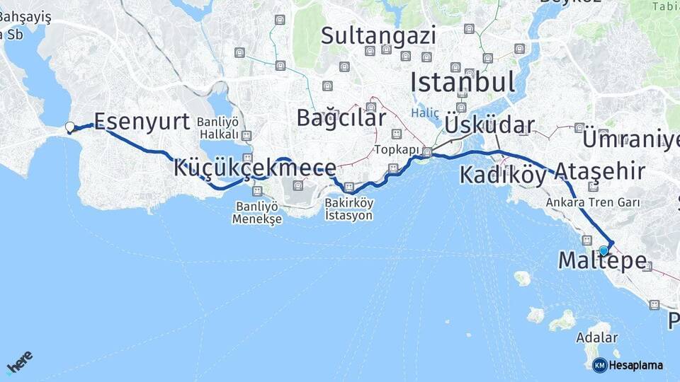 İstanbul Maltepe Büyükçekmece Arası Kaç Km - Yol Haritası