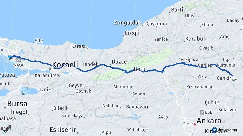 İstanbul Maltepe Çankırı Arası Kaç Km - Yol Haritası