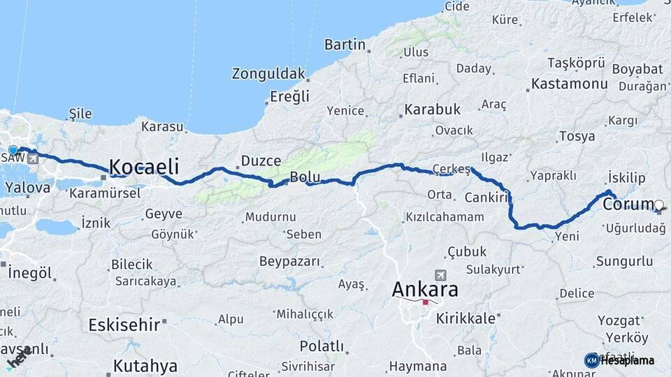 İstanbul Maltepe Çorum Arası Kaç Km - Yol Haritası