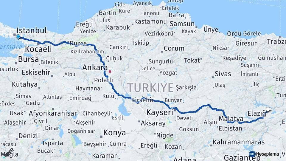 İstanbul Maltepe Elazığ Arası Kaç Km - Yol Haritası