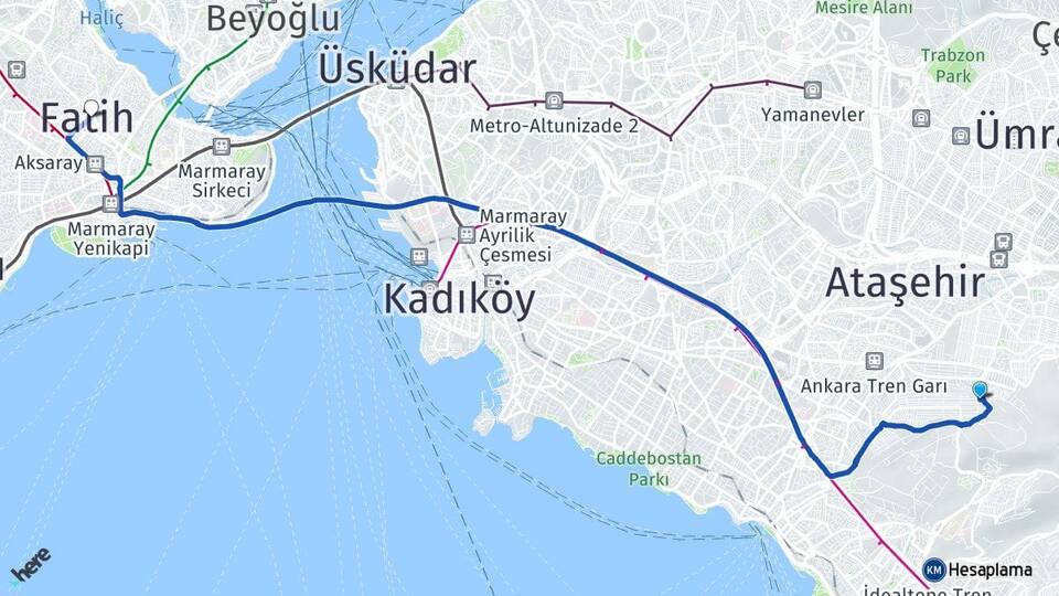 İstanbul Maltepe Fındıklı Fatih Arası Kaç Km - Yol Haritası