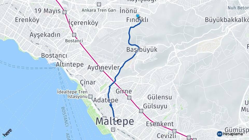 İstanbul Maltepe Fındıklı Maltepe Arası Kaç Km - Yol Haritası