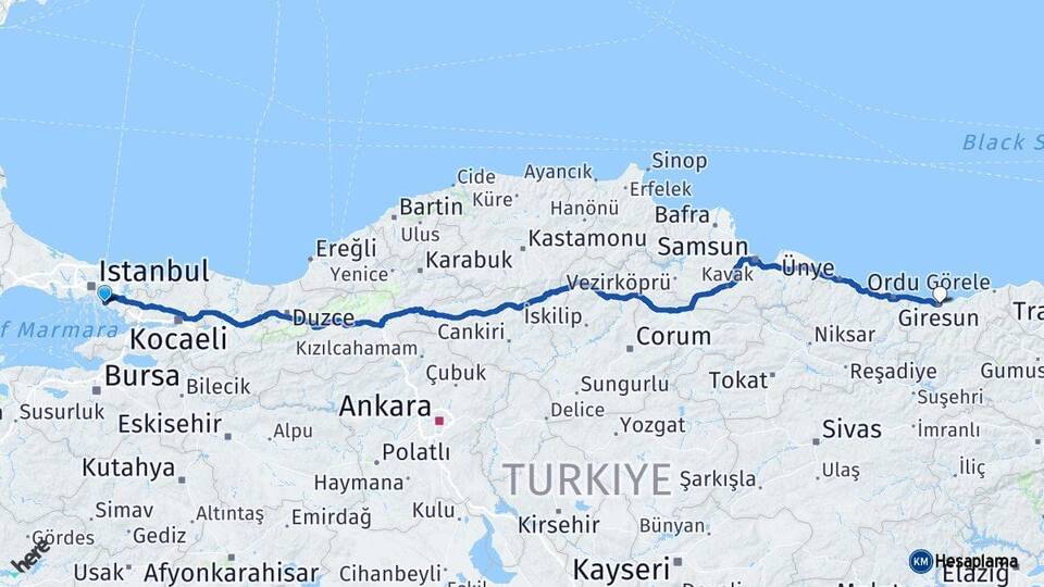 İstanbul Maltepe Giresun Arası Kaç Km - Yol Haritası