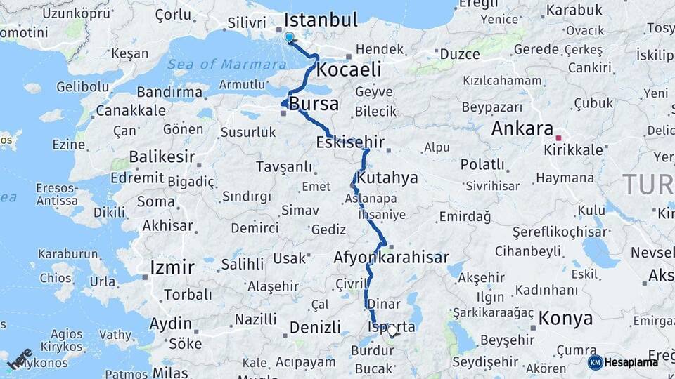 İstanbul Maltepe Isparta Arası Kaç Km - Yol Haritası
