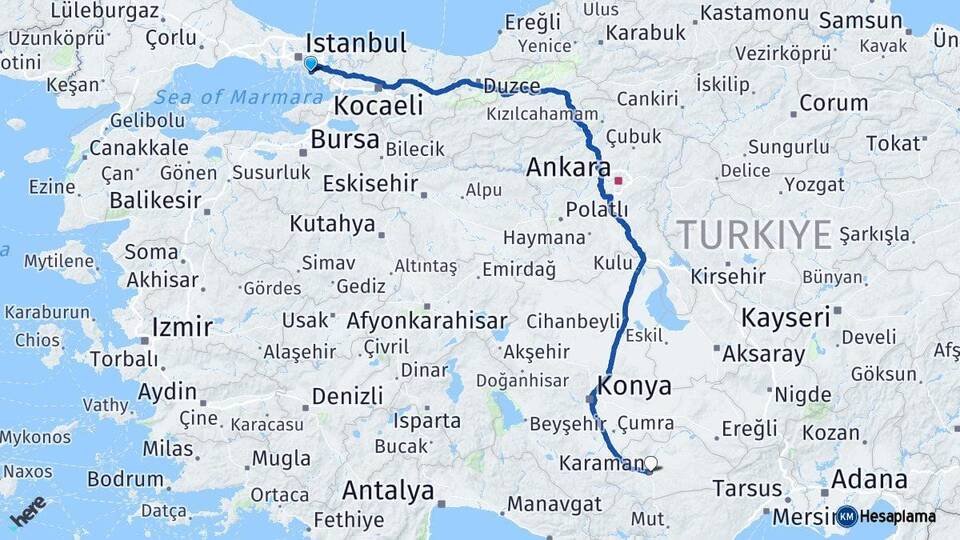 İstanbul Maltepe Karaman Arası Kaç Km - Yol Haritası