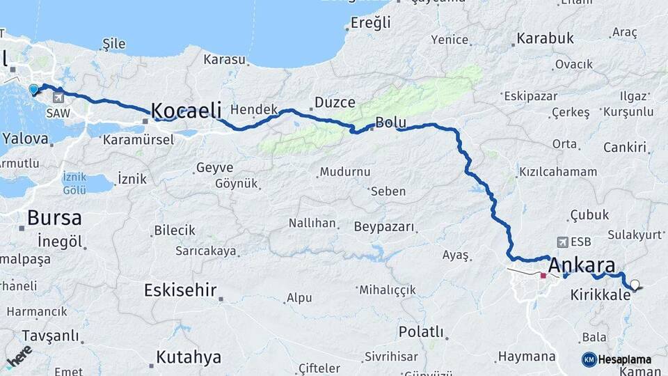 İstanbul Maltepe Kırıkkale Arası Kaç Km - Yol Haritası