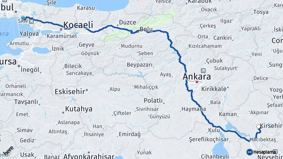İstanbul Maltepe Kırşehir Arası Kaç Km - Yol Haritası