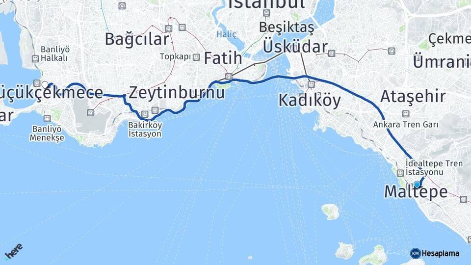 İstanbul Maltepe Küçükçekmece Arası Kaç Km - Yol Haritası