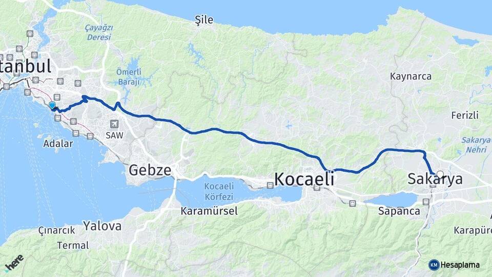 İstanbul Maltepe Küçükyalı Adapazarı Sakarya Arası Kaç Km - Yol Haritası
