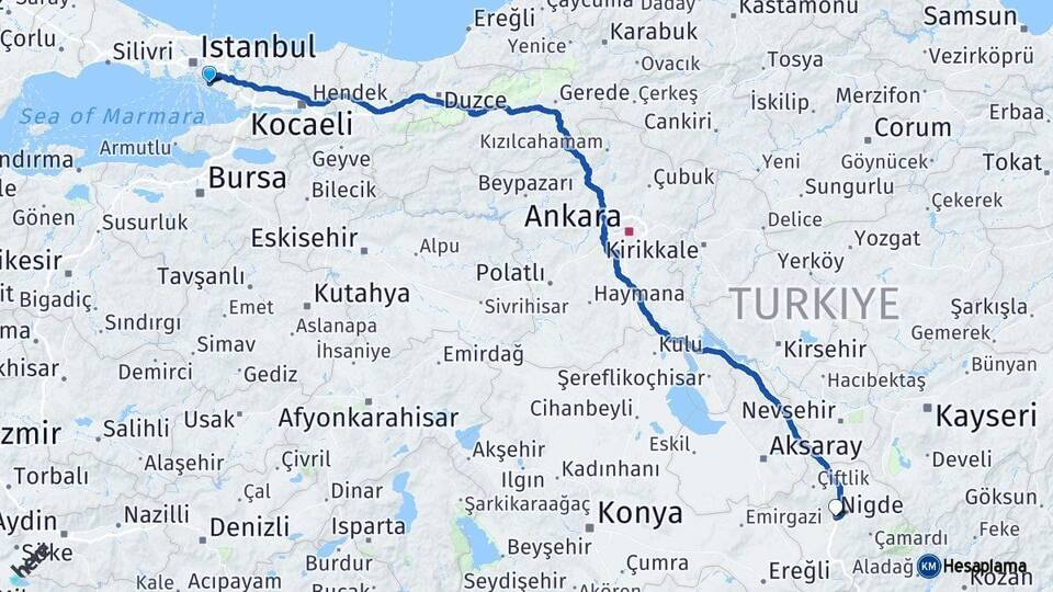 İstanbul Maltepe Niğde Arası Kaç Km - Yol Haritası