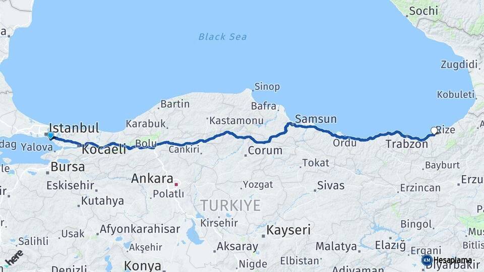 İstanbul Maltepe Rize Arası Kaç Km - Yol Haritası