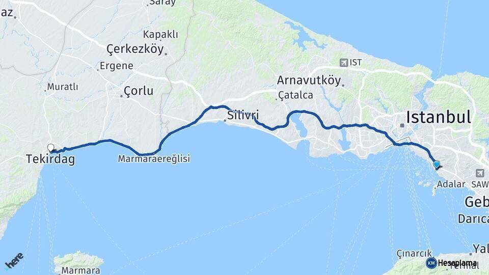 İstanbul Maltepe Tekirdağ Arası Kaç Km - Yol Haritası