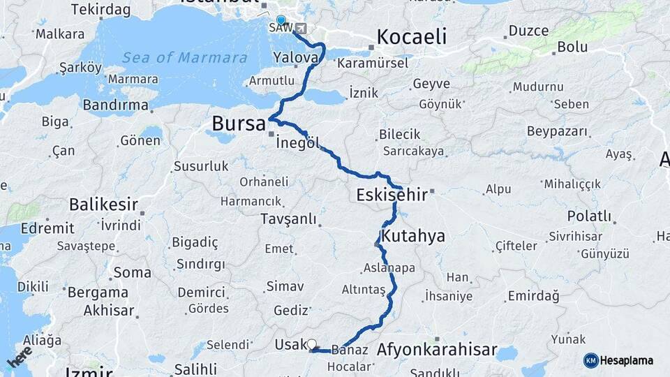 İstanbul Maltepe Uşak Arası Kaç Km - Yol Haritası