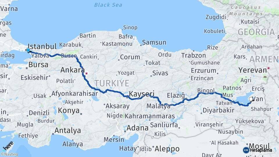 İstanbul Maltepe Van Arası Kaç Km - Yol Haritası