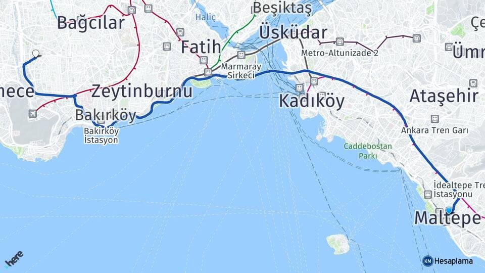 İstanbul Maltepe Yenibosna Bahçelievler Arası Kaç Km - Yol Haritası