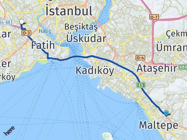 İstanbul Maltepe Zümrütevler Bayrampaşa Arası Kaç Km - Yol Haritası