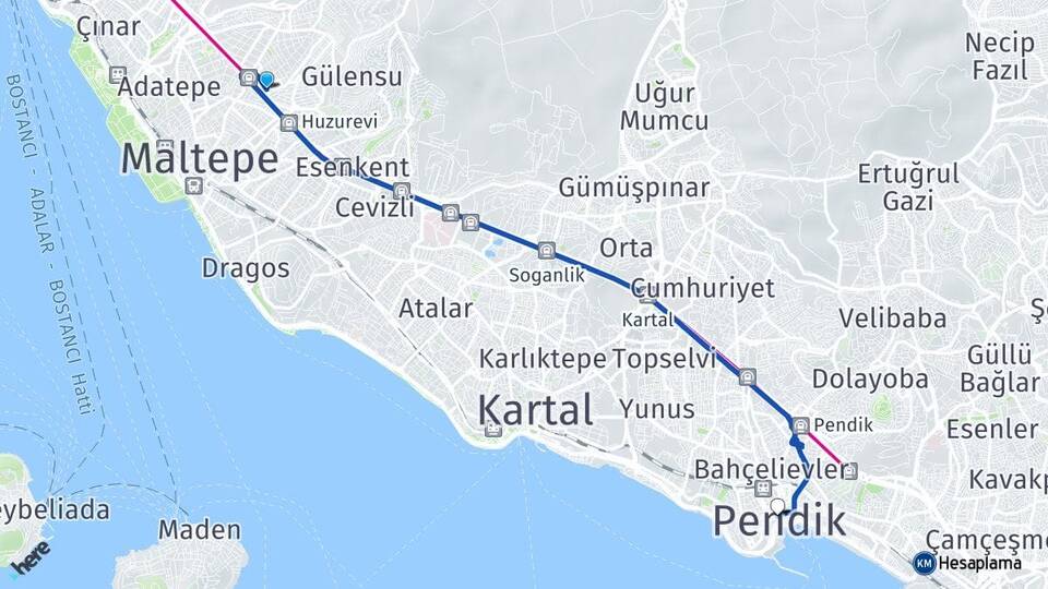 İstanbul Maltepe Zümrütevler Pendik Arası Kaç Km - Yol Haritası