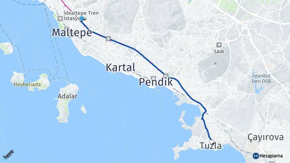 İstanbul Maltepe Zümrütevler Tuzla Arası Kaç Km - Yol Haritası