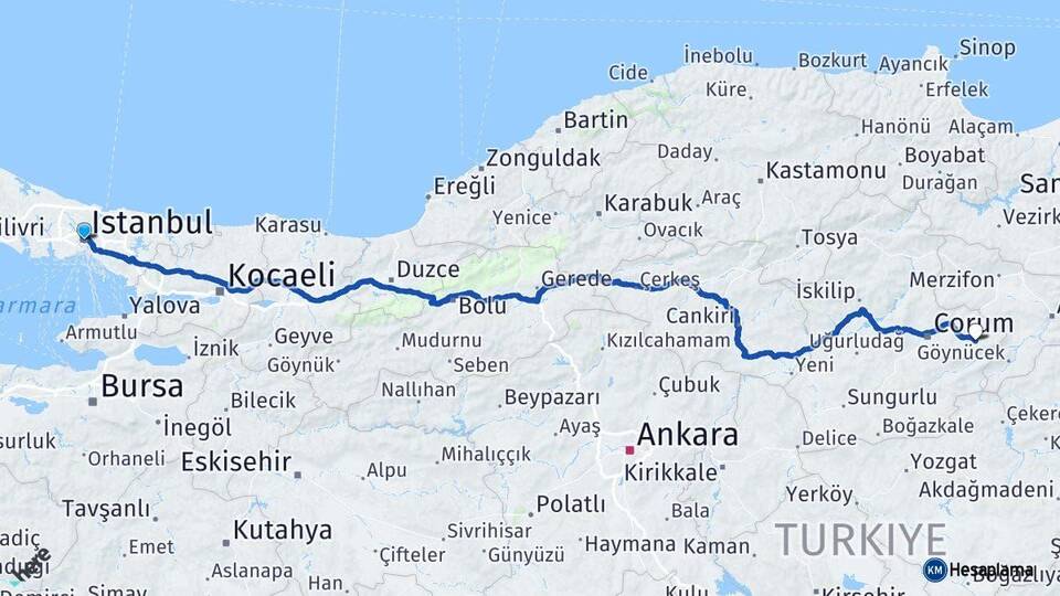 İstanbul Mecitözü Çorum Arası Kaç Km - Yol Haritası
