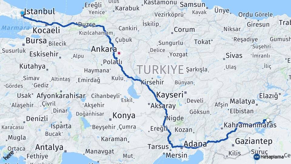İstanbul Menzil Kahta Adıyaman Arası Kaç Km - Yol Haritası