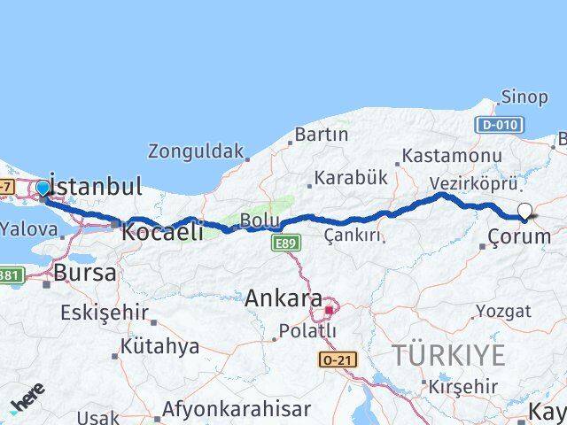 İstanbul Merzifon Havalimanı Arası Kaç Km - Yol Haritası