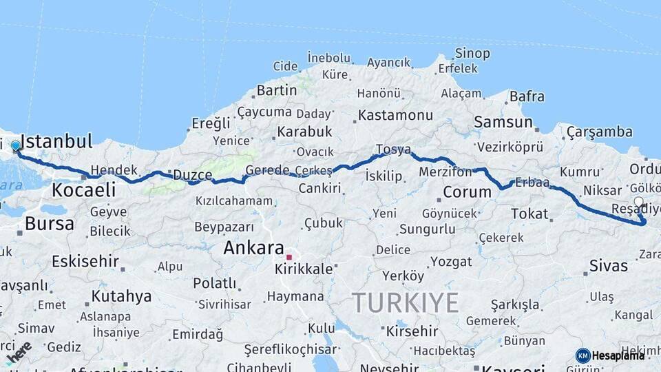 İstanbul Mesudiye Ordu Arası Kaç Km - Yol Haritası