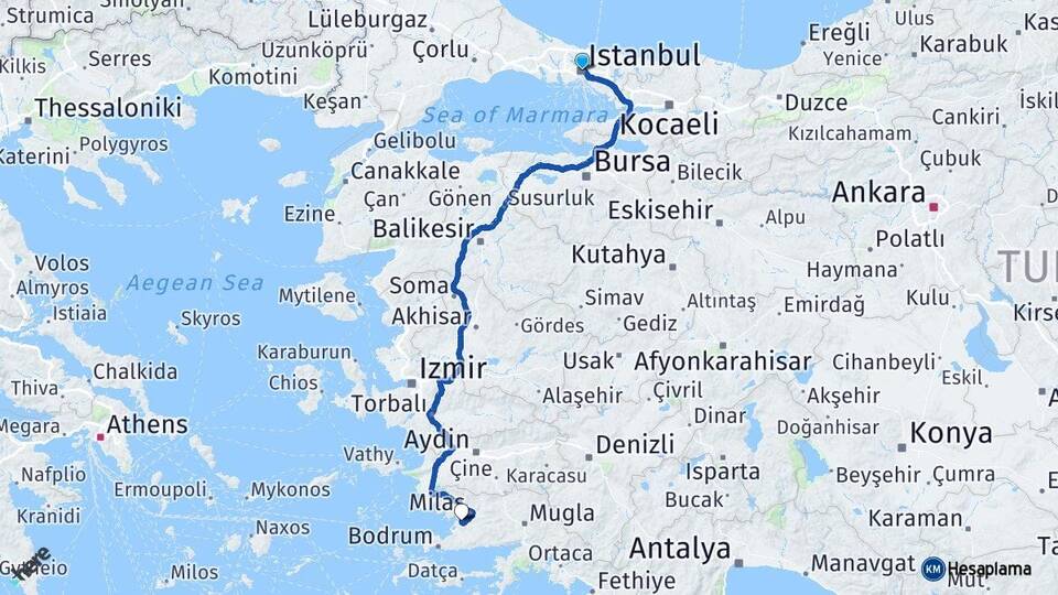 İstanbul Milas Bodrum Havalimanı Arası Kaç Km - Yol Haritası