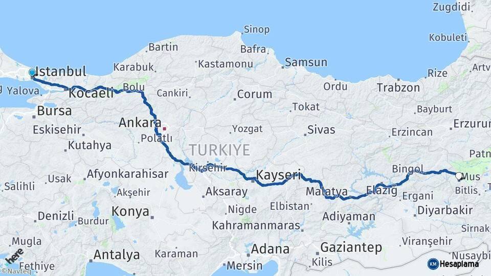 İstanbul Muş Arası Kaç Km - Yol Haritası