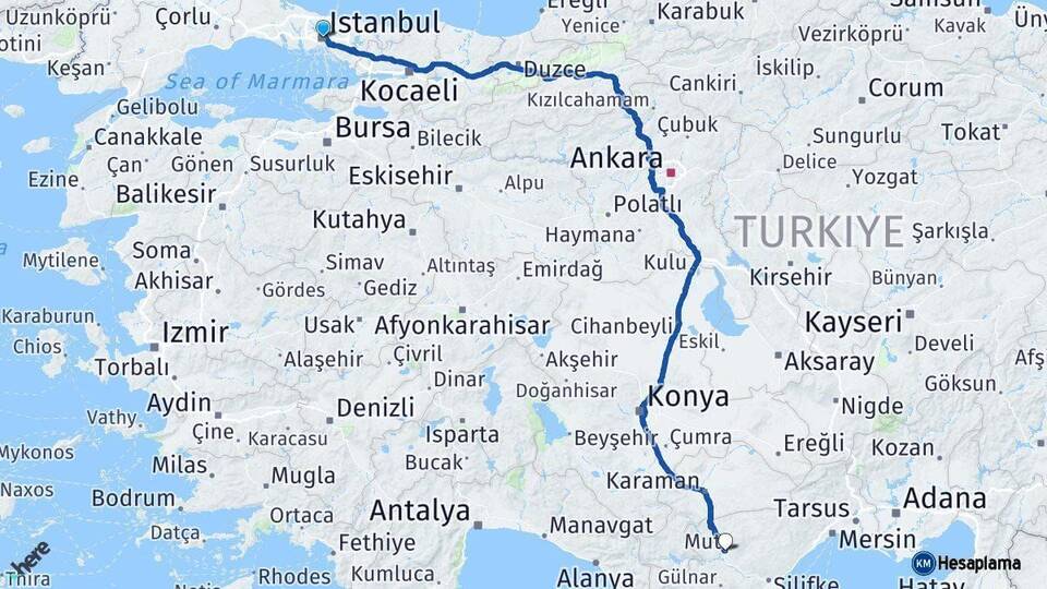İstanbul Mut Mersin Arası Kaç Km - Yol Haritası