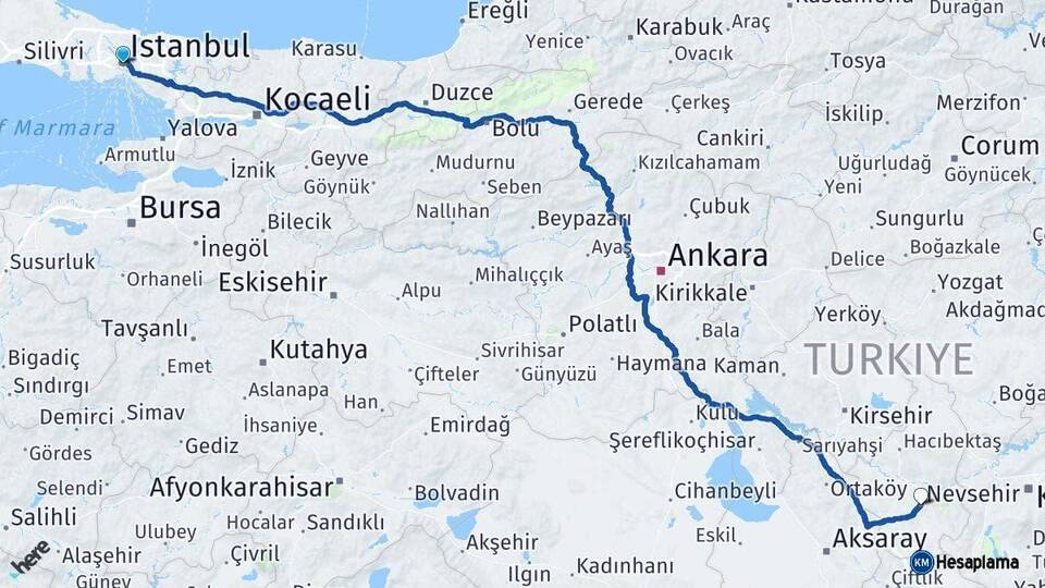 İstanbul Nevşehir Arası Kaç Km - Yol Haritası