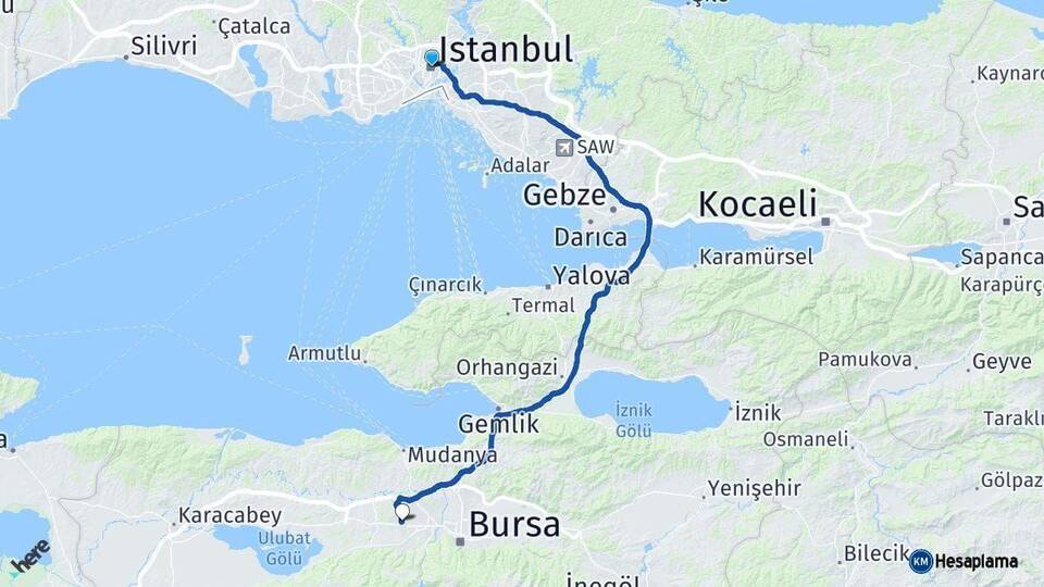 İstanbul Nilüfer Bursa Arası Kaç Km - Yol Haritası