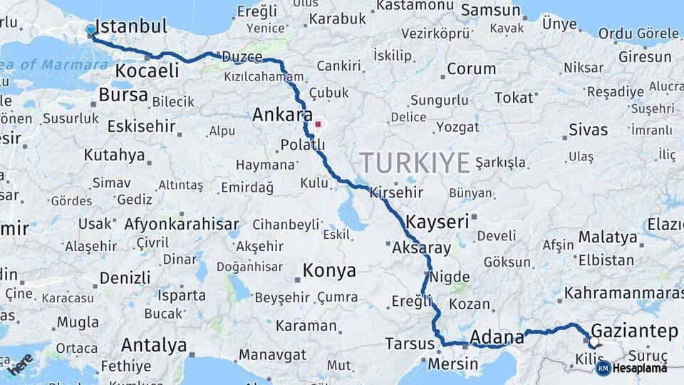 İstanbul Oğuzeli Gaziantep Arası Kaç Km - Yol Haritası