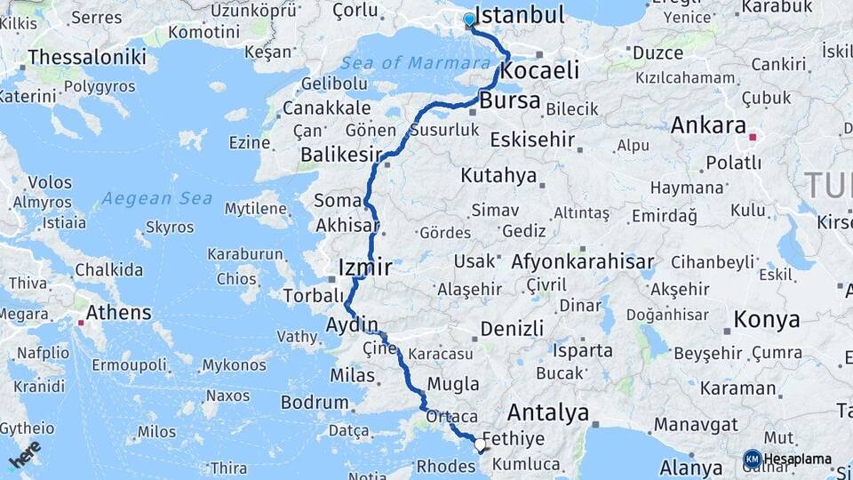 İstanbul Ölüdeniz Fethiye Muğla Arası Kaç Km - Yol Haritası