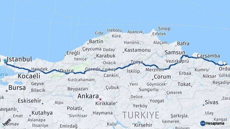 İstanbul Ordu Arası Kaç Km - Yol Haritası