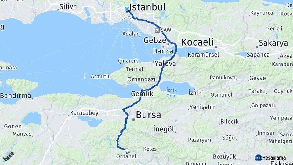 İstanbul Orhaneli Bursa Arası Kaç Km - Yol Haritası